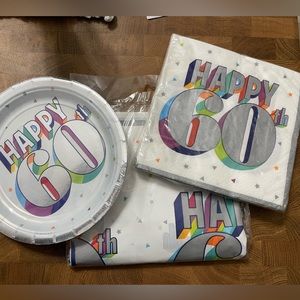 🍁🦫Party City Never Opened “60th Birthday Party” Banner, Plates, Napkins